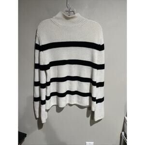 Banana Republic Cream & Black Merino Wool Fisherman Striped Sweater Mock Neck M